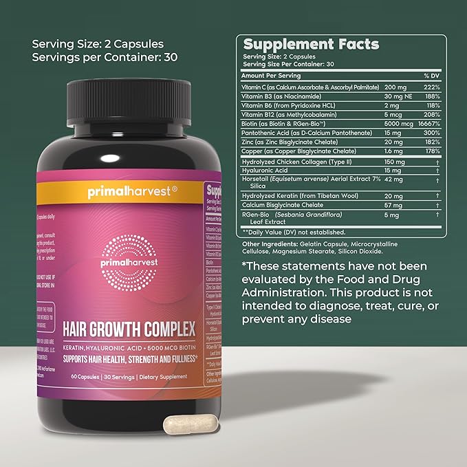Primal Harvest Hair Growth Vitamins, 2 Pack - 120 Pills, Natural Hair Regrowth, Thickening, and Supplement for Men & Women with Biotin & Zinc