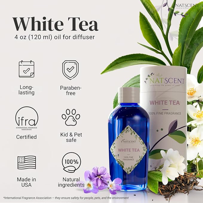 White Tea Essential Oils for Diffusers for Home, Nature-derived White Tea Diffuser Oil, Long-Lasting & Family-Friendly Diffuser Oils Scents, IFRA Certified, Cold Air & Ultrasonic - 4 oz