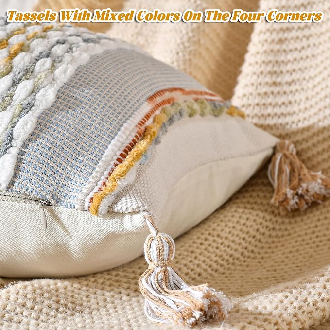 Chenille Striped Textured Boho Throw Pillow Covers Aesthetic with Tassels Woven Decorative Pillow Case for Couch Bed Sofa Bedroom Modern Funky 14 x 36-Inch Grey