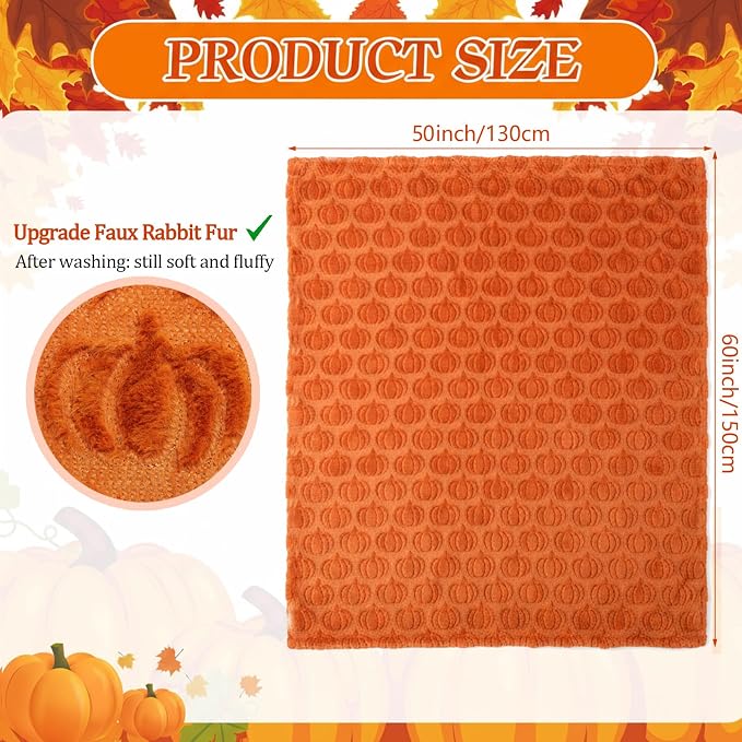 Tegeme Fall Halloween Pumpkin Throw Blanket 50" x 60", 3D Pumpkin Pattern Faux Rabbit Fur Fleece Blanket, Soft Cozy Rust Autumn Throw for Couch Sofa Bed, Thanksgiving Gift for Women Mom(Rust)