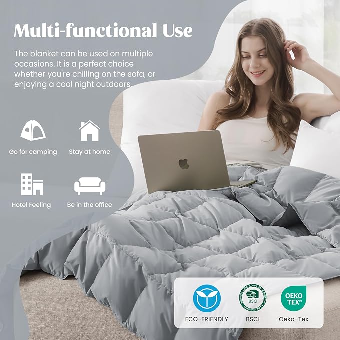 puredown® Soft Feather Down Blanket Lightweight Packable Down & Feather Fill Blanket for Indoor and Outdoor Use, Queen Size Blankets, 88"X90", Alloy Gray