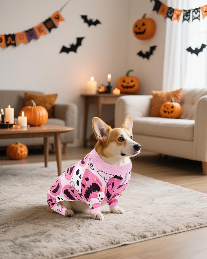 PET SHOW 4 Pack Halloween Fleece Dog Pajamas Warm for Medium Dogs | Soft stretchy dogs onesies,boy girl pjs with sleeve,holiday jumpsuit costume for small pets,L