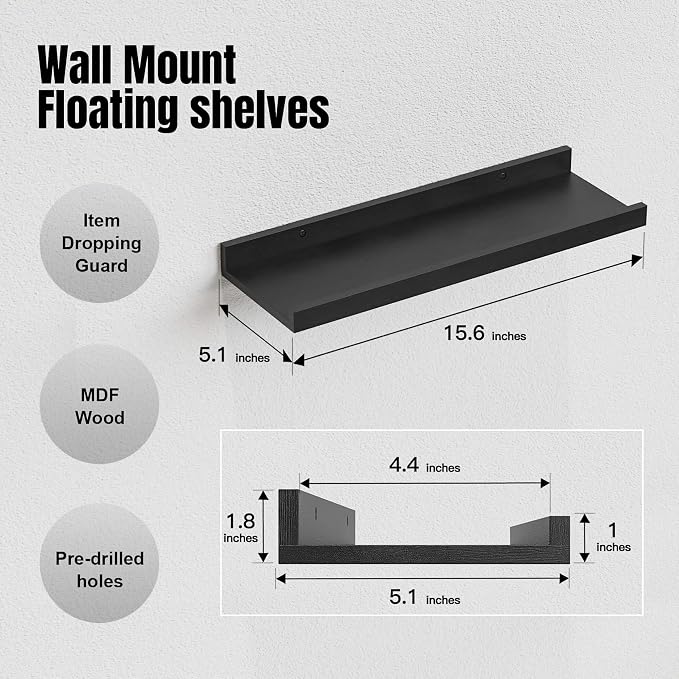 RICHER HOUSE 3-Set Floating Shelves with Lip, Black Small Wall Shelf, 16In | Display Picture Ledge Shelf, Anti-drop lip Shelf for Room Wall Decor, Bedroom Bathroom Storage Nursery Books, Easy Setup,Wood