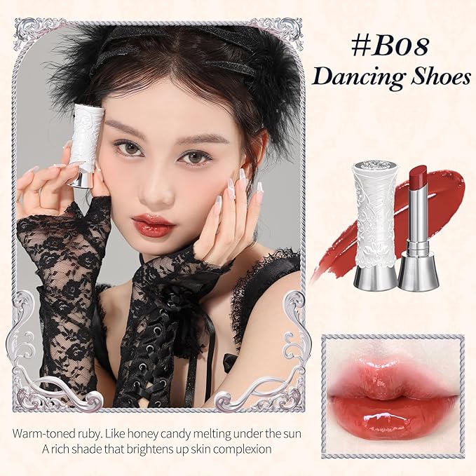 Flower Knows Swan Ballet Shine Lipstick,Hydrating Solid Lip Gloss,Moisturizing Red Tinted Lip Balm-Long Lasting Lip Gloss in Balm for Girls&Women,Vegan & Cruelty-Free(B08 Dancing Shoes)