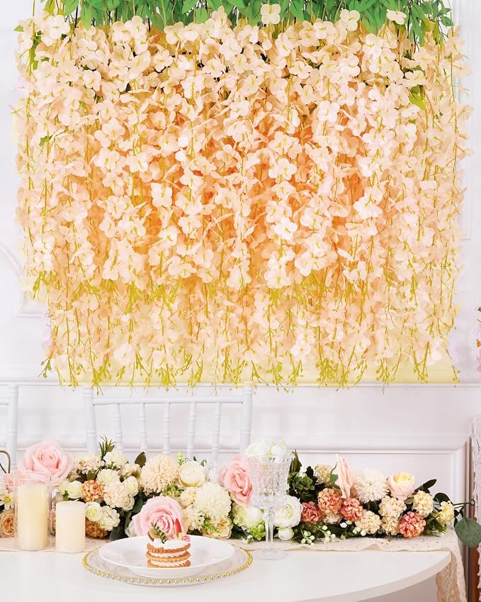 24 Pack Wisteria Hanging Flowers, 3.6 Feet Champagne Wisteria Artificial Flowers, Artificial Fake Flower Garland, Hanging Vines for Bedroom Wedding Home Party Wall Decor (Champagne, 24pcs)