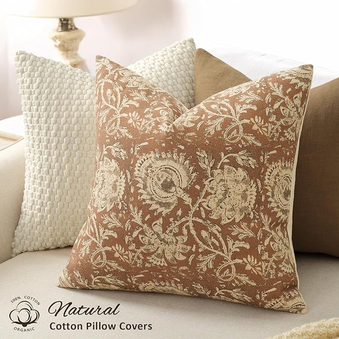 Vintage Floral Print Throw Pillow Covers 12x20 Set of 2 Neutral Modern Farmhouse Pillow Cases Accent Decorative Cushion Covers Boho Home Decor for Couch Sofa Chair Bed Living Room, Cognac