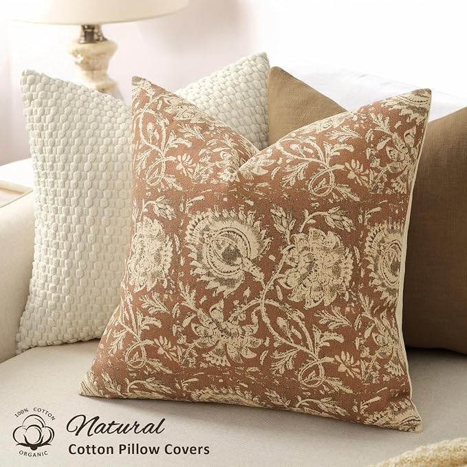 Vintage Floral Print Throw Pillow Covers 24x24 Set of 2 Neutral Modern Farmhouse Pillowcases Accent Decorative Cushion Covers Boho Home Decor for Couch Sofa Chair Bed Living Room, Cognac