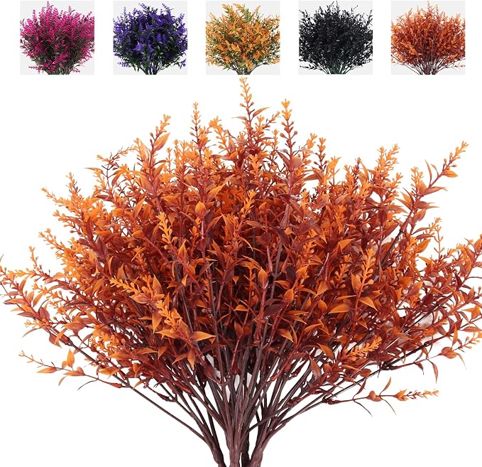 RECUTMS Outdoor Faux Plant Fall Fake Plant UV Resistant Artificial Greenery | 8Packs,Autumn Decor,Artificial Brown Plastic Flowers Indoor Fake Outside Flowers for Balcony Window Garden Thanksgiving Decor
