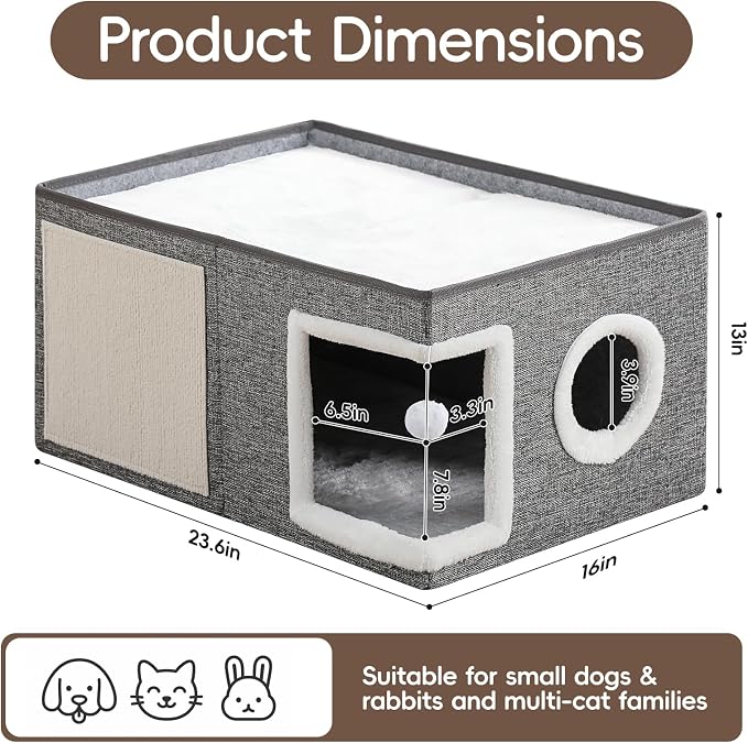 Extra-Wide Cat Houses for Indoor Cats, Large Cat Cave Bed with Fluffy Ball and Scratch Pad, Foldable Covered Kitten Bed for Multiple Cats, 23.6x16x13 inches, Grey