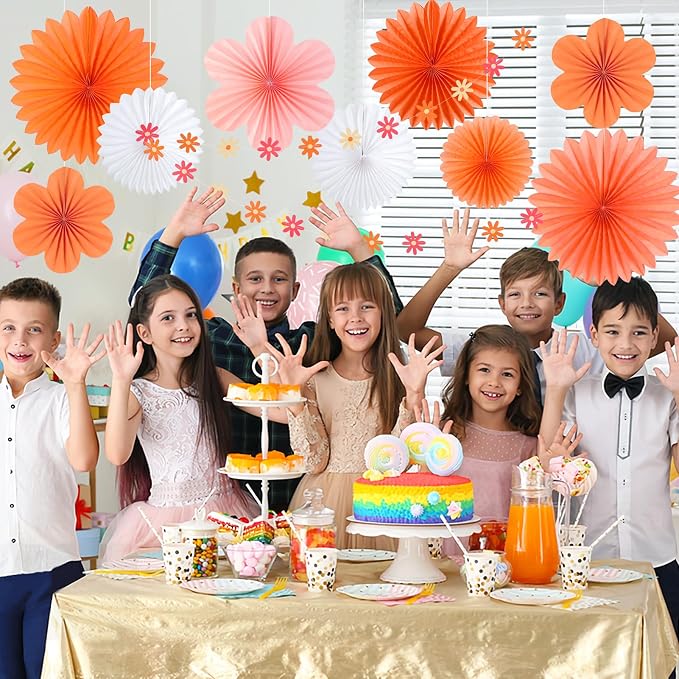 SUNBEAUTY Pink and Orange Party Decorations, Paper Flowers Decoration Fans | 9 Pcs Orange & Pink groovy paper fans, Paper flowers decorations for wall, Wall hanging decor, Office, Classroom, Baby shower