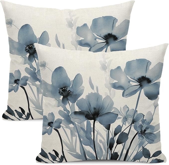 Spring Floral Pillow Covers 18x18 Inches Set of 2,Blue Floral Throw Pillow Covers Outdoor Summer Flower Decoration Pillowcase Farmhouse Decorative Square Cushion Cover For Couch Sofa Home Decor