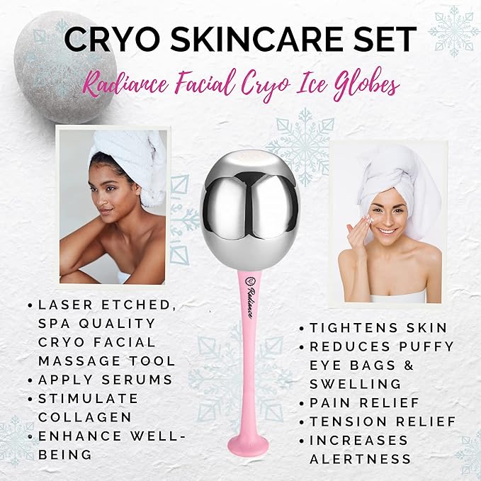 RADIANCE Ice Globes for Facials Skin Care - Cryo Globes, Non Shatter, Face Cooling Cold Stainless Steel, Cryo Freeze Tool Roller for Depuffing Eyes, Face Massage with a Storage Case & Polish Cloth