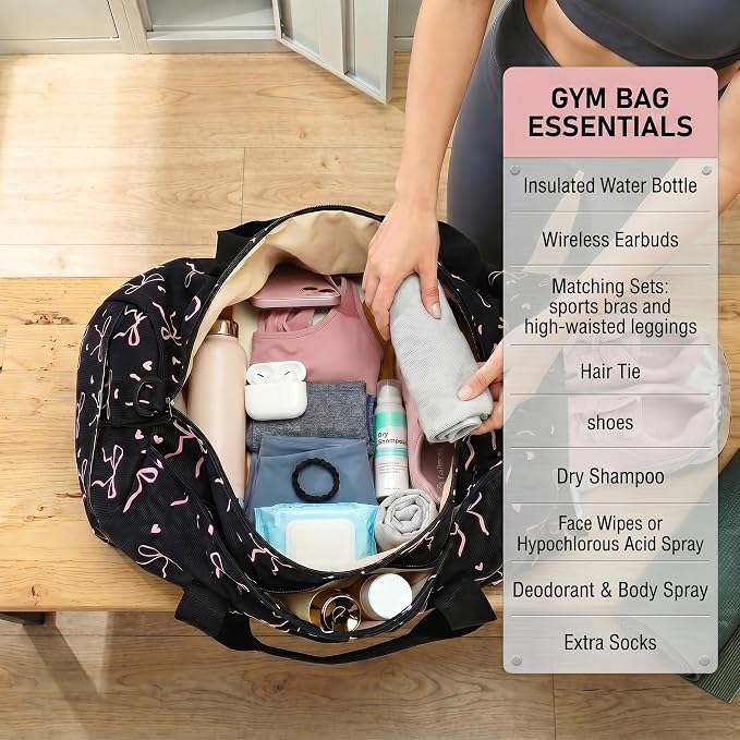 Gym Bag Sports Duffle Bag with Wet Pocket Weekender Overnight Bags with Waterproof Shoe Pouch and Air Hole for Girls Kids Women Workout Travel Bags (Bow Tie Black)