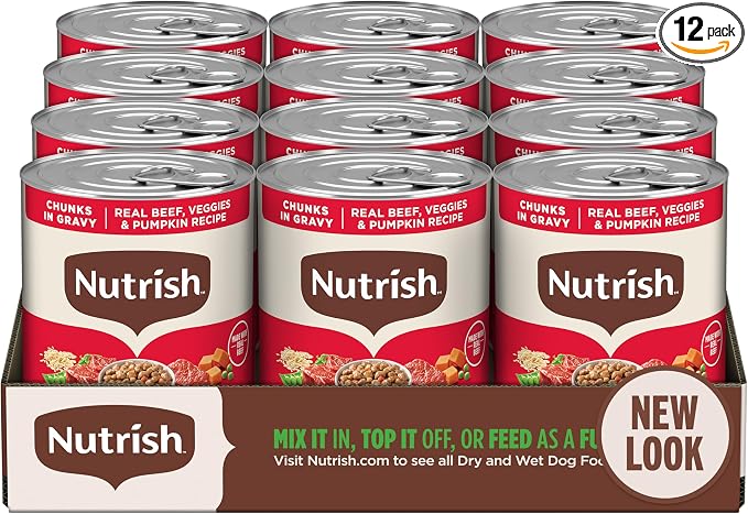Nutrish Beef Wet Dog Food Chunks in Gravy, 13 oz. Can (Rachael Ray) | No Poultry By-Product Meal, Artificial Preservatives or Flavors, No Added Corn or Wheat Ingredients (Pack of 12)