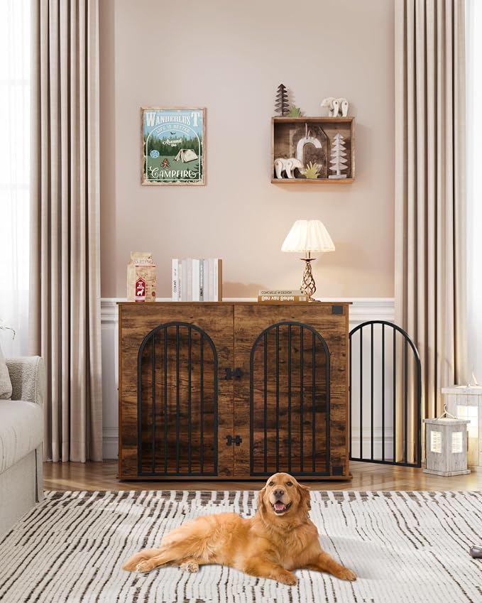 Hzuaneri 44.1'' Dog Crate Furniture,Dog Kennel Indoor for Medium/Large Dogs | Dog Kennel Furniture Wooden Dog Cage Heavy Duty Dog Crate Decorative Pet House End Side Table TV Stand,Rustic Brown DFC83901B