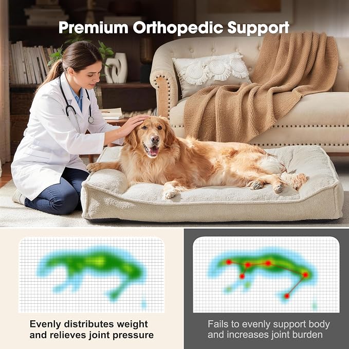 FURTIME Orthopedic Dog Bed Large Sized Dog, Extra Washable Dog Couch 38" | Supportive Thick Pet Sofa, Ergonomic Slant Dog Beds with Removable Cover, Ultra Soft Surface & Non-Slip Bottom, Beige