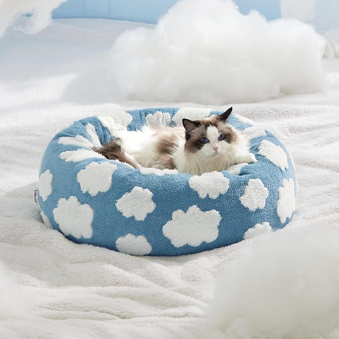 LE SURE Shown on TV Jacquard Donut Cute Cat Beds Indoor,Blue 20x20x6in | Orthopedic Calming Small Dog Bed,Original Design Pattern,Washable Cover, Home Decor as Gift for Pet,Anti Slip Bottom
