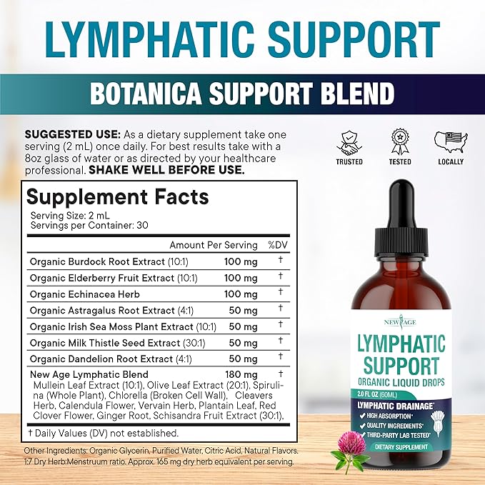 Organic Lymphatic Drainage Drops - All in 1 Organic Lymphatic Drainage Supplement with Burdock Root, Echinacea, Elderberry, Calendula, Cleavers Herb, Dandelion Supports Lymphatic Health - 2 OZ