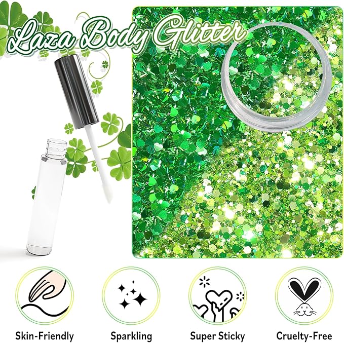 Laza 2 Jars St. Patrick’s Day Body Glitter Iridescent Chunky Sequins with Glitter Glue Women Eyeshadow Makeup Face Paint Festival Rave Outfits Hair Accessories Carnival Brat Party Costumes-Green Field