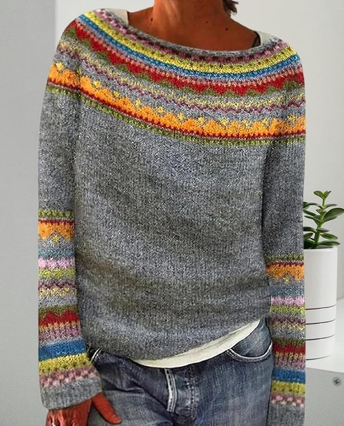 Zhyaj Fair Isle Sweater for Womens Winter Long Sleeve Vintage Knitted Sweater Casual Fall Crew Neck Pullover Sweaters