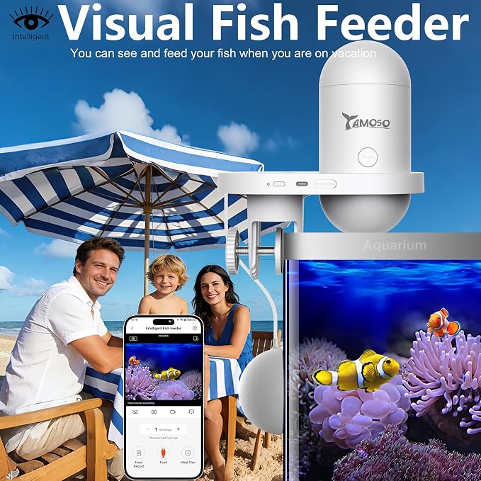 WiFi Automatic Fish Feeder with 2.5K Camera, 2.4/5G Smart App Control, Vacation Feeding Timer, Remote Precision Fish Food Dispenser, 230ML Moisture-Proof Aquarium Feeder for 10+ Gallon Tanks