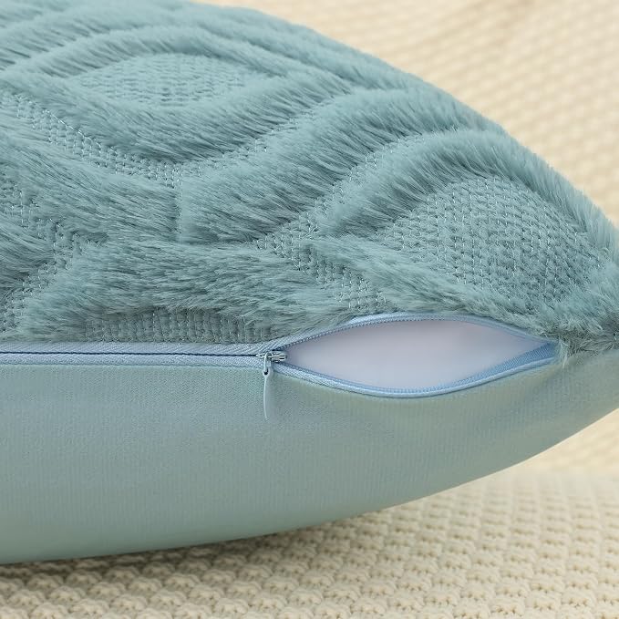 decorUhome Faux Fur Plush Soft Aqua Throw Pillow Covers 22x22 Set of 2 | Plush Solid Fall Couch Pillow Covers, Accent Modern Farmhouse Neutral Decorative Square Pillow Cases for Sofa Bed Living Room