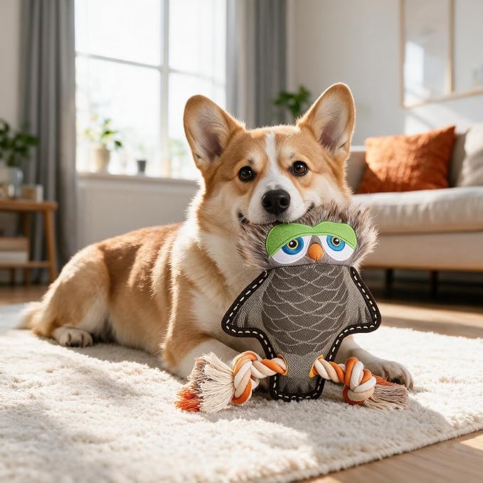 Tough Durable Squeaky Dog Toys for Aggressive chewers Interactive to Keep Them Busy, Funny Cute Tug of war Rope Birthday Dog Toy (Owl)