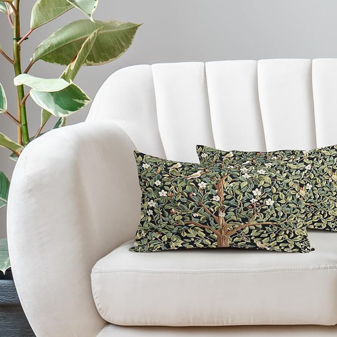 Tree Green Lumbar Pillow Covers 12X20 Inch Set of 2 Watercolor Forest Bird Floral leaves Decorative Pillow Cases Spring Summer Vintage Leaf Flower Cushion Case Farmhouse Home Decor For Sofa Couch