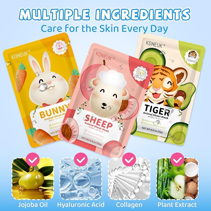 54 Pack Animal Kids Face Mask Spa, Bulk Collagen Hydrating Sheet Face Masks Skincare for Girls Teens, Easter Basket Stuffers, Birthday Gifts, Mothers Day Gifts for Mom
