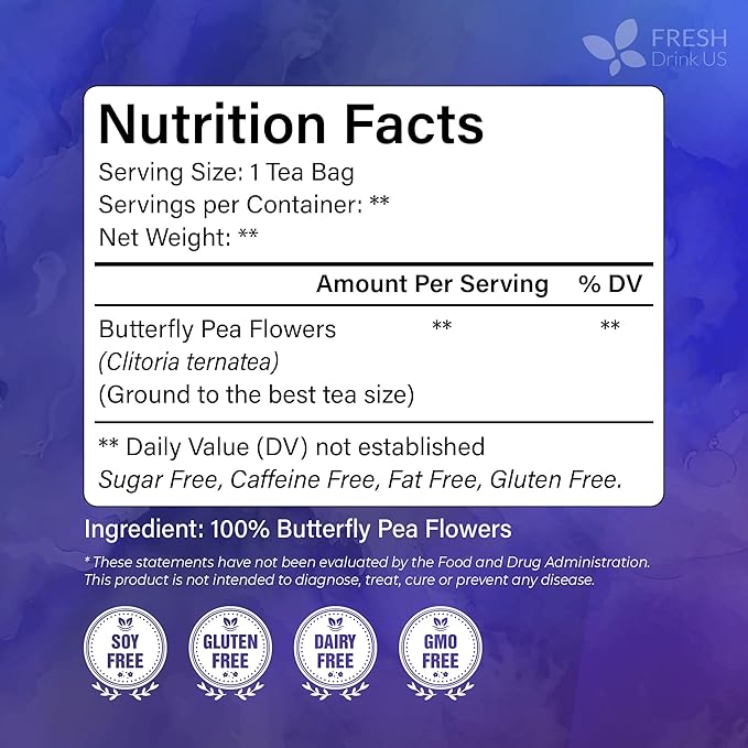 FreshDrinkUS, Premium 150 Butterfly Pea Flower Tea Bags, 100% Natural & Pure, Herbal Tea, Daily Infusion Botanical, No Sugar, No Caffeine, No Gluten, Vegan. Rich in Antioxidants