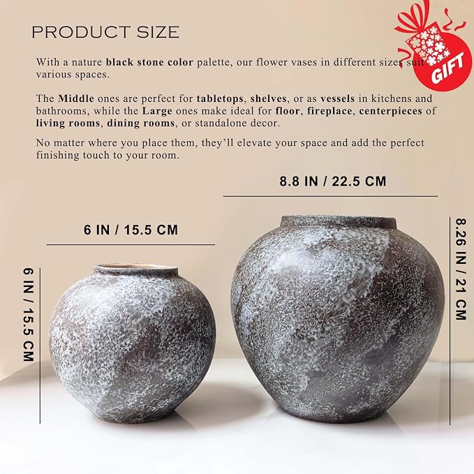 Rustic Ceramic Vintage Farmhouse Vase for Decor (Large Brush Black) | 8.8'' Distressed Stone Vase Home Decor, Decorative Terracotta Round Clay vase for Living Room, Table, Shelf, Kichen Décor