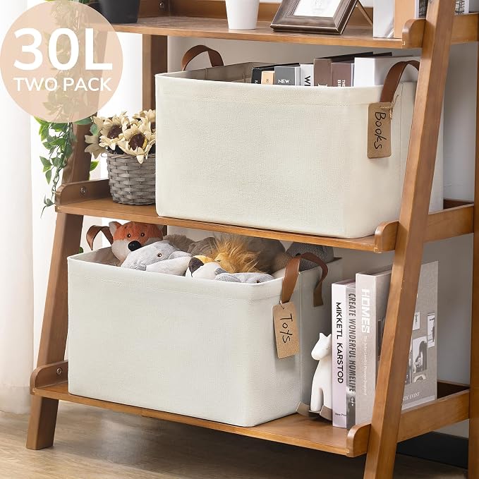 CHICVITA 30L Large Fabric Closet Bins for Shelves, 2Pack, Beige | 16 ¾" L x 11" W x 9 ¾" H Storage Baskets for Clothes & Toys, Bedroom & Living Room Organization, Metal Frame, Collapsible