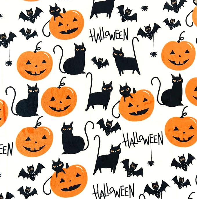 Halloween Fleece Throw Blanket, Cute Black Cats, Bats & Pumpkins, 50x70 in | Ultra-soft cozy flannel fleece, for sofa couch bed chair & dorms, spooky Halloween décor, durable and machine washable.
