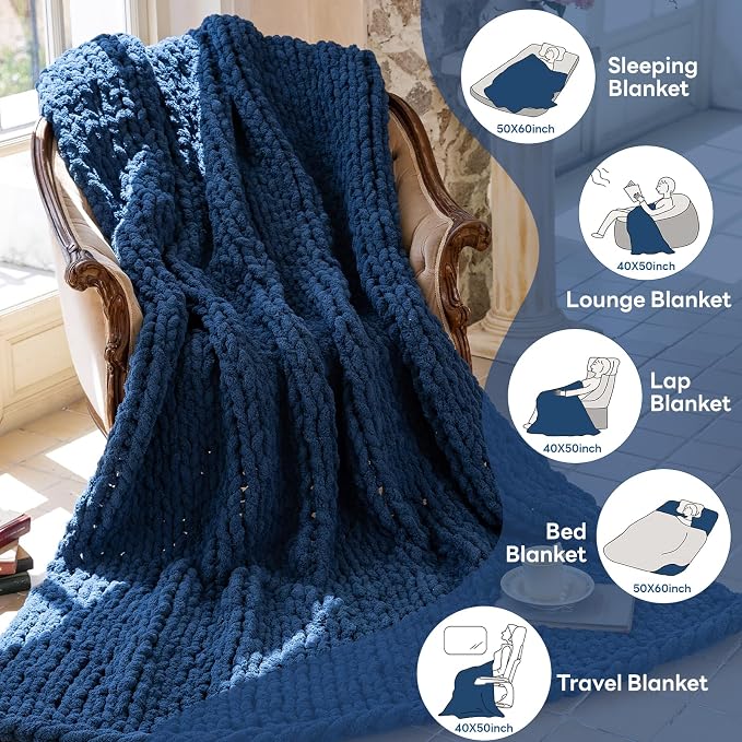 Chunky Knit Blanket - Luxury Soft Cozy 60 * 80 Throw Blanket,100% Woven Blanket Rope Knot Throw Blanket for Couch, Sofa, Home Decor, Gift - Machine Washable (Deep Blue, 60 * 80)
