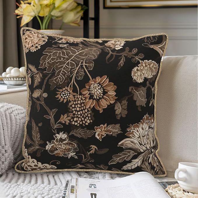 Vintage Black Floral Leaves Velvet Pillow Covers 20x20 Inch Brown Beige Tan Boho Flowers Throw Pillows For Couch Cushion Covers Pillowcase Farmhouse Bohemian Pillow Cases for Sofa Bed Bedroom