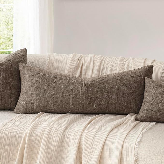 Foindtower Set of 2 Decorative Linen Check Throw Pillow Covers Neutral Farmhouse Vintage Cushion Covers Cozy Modern Boho Home Decor for Sofa Chair Couch Bedroom Living Room,14×36 Inch,Taupe Grey