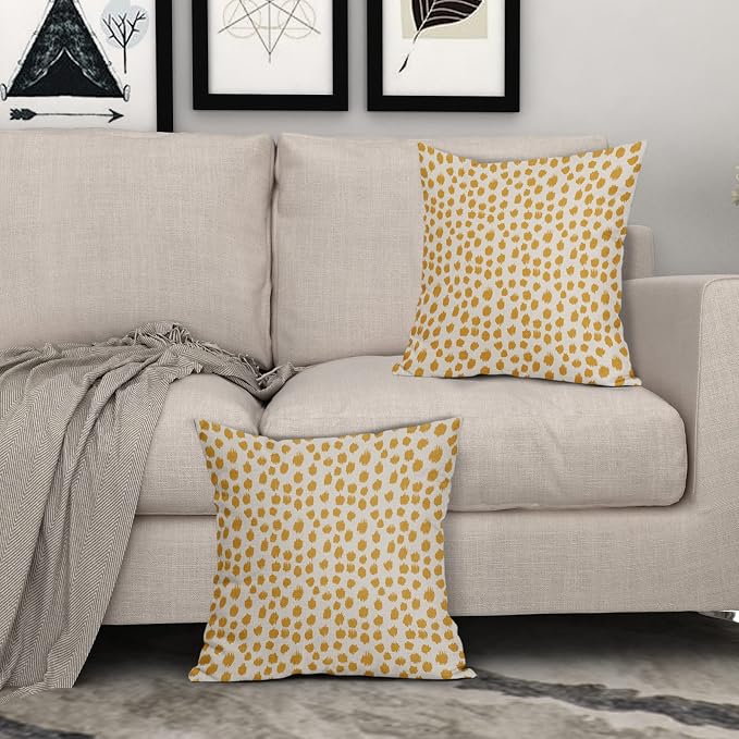 Mustard Yellow Cream Pillow Covers 20x20 Set of 2 Boho Design Polka Dot Throw Pillows Modern Brush Strokes Print Decorative Outdoor Pillowcase Square Cushion Cover Linen Pillow Case for Sofa Couch Bed
