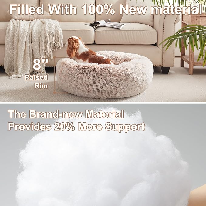 30 inches Faux Fur Fluffy Donut Dog Bed for Medium Dogs,Brown | Calming Plush Round Pet Bed with Removable & Washable Cover,Fits up to 45 lbs Pets