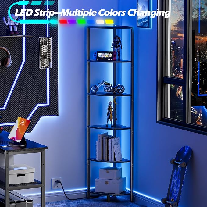 6 Tier Corner Shelf with LED Light, 67.5" Black Narrow Bookshelf | Tall Standing Shelf Organizer, Storage Rack for Wall Corner, Living Room, Bedroom, Metal Frame, Wood Display Shelf