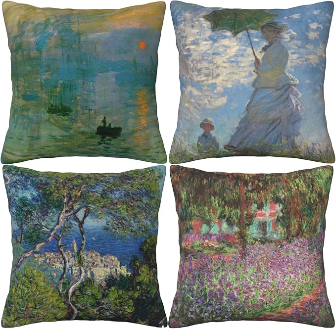 Claude Monet Painting Throw Pillow Covers 18x18 inches Set of 4 Sunrise The Impression Art Painting Pillow Cases Square Decorative Cushion Covers for Sofa Couch Car