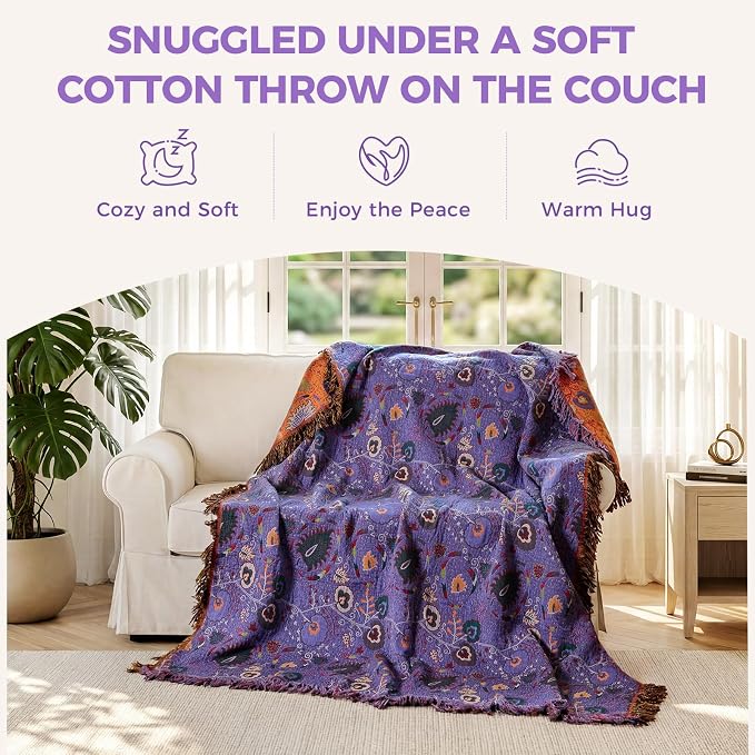LUTBM Boho Throw Blanket for Bed 60"x80", 100% Cotton Purple Couch Blankets | Reversible Floral Embroidery, All-Season Soft Quilt, For Chair Sofa Living Room, Lightweight Breathable Gauze, Home Decor