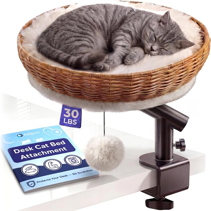 PetLovers Cat Desk Bed - Rattan Elevated Desk Cat Bed Attachment with Removable Washable Cushion, 360° Swivel Arm, Secure Clamp - Keeps Your Pet Close While You Work or Play