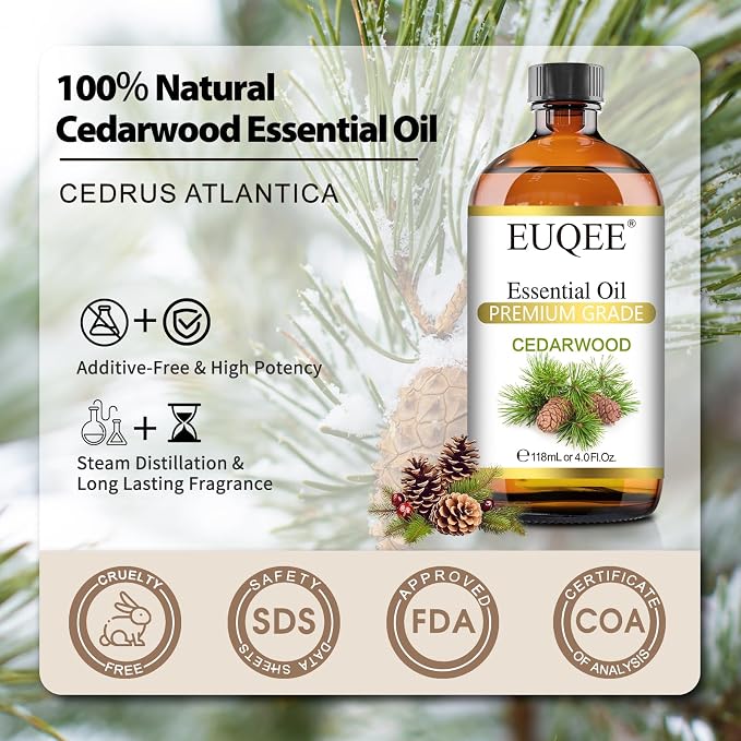 EUQEE Cedarwood Essential Oil with Glass Dropper, 118mL Natural Cedarwood Oil Premium Essential Oil for Diffuser, Humidifier(4fl.oz)