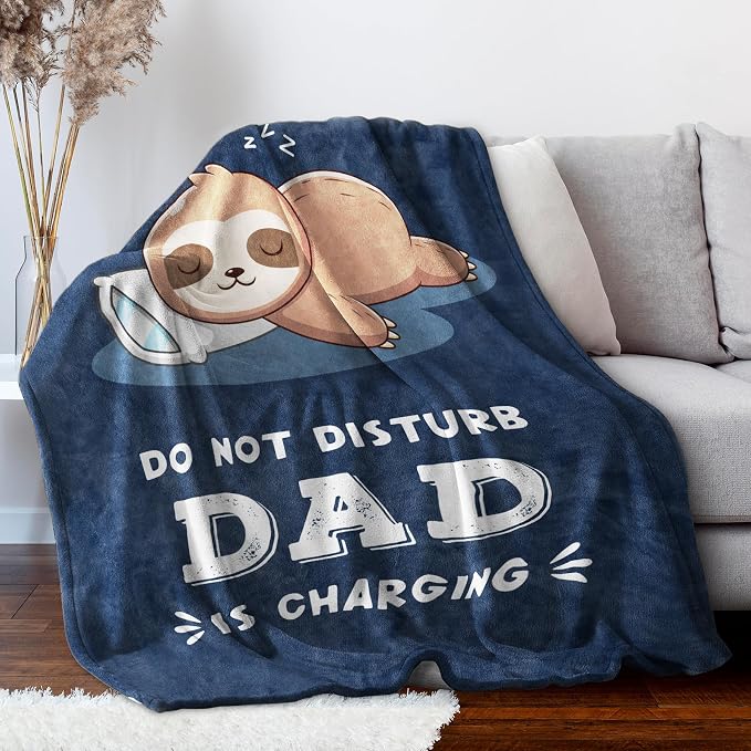 Leebbsin Funny Gift for Dad, Dads Birthday Gift from Daughter Son | Dad is Charging Sloth Blanket 60" x 50", Blue, Dads Gifts for Fathers Day Christmas, Soft Sloth Throws Blanket for Father
