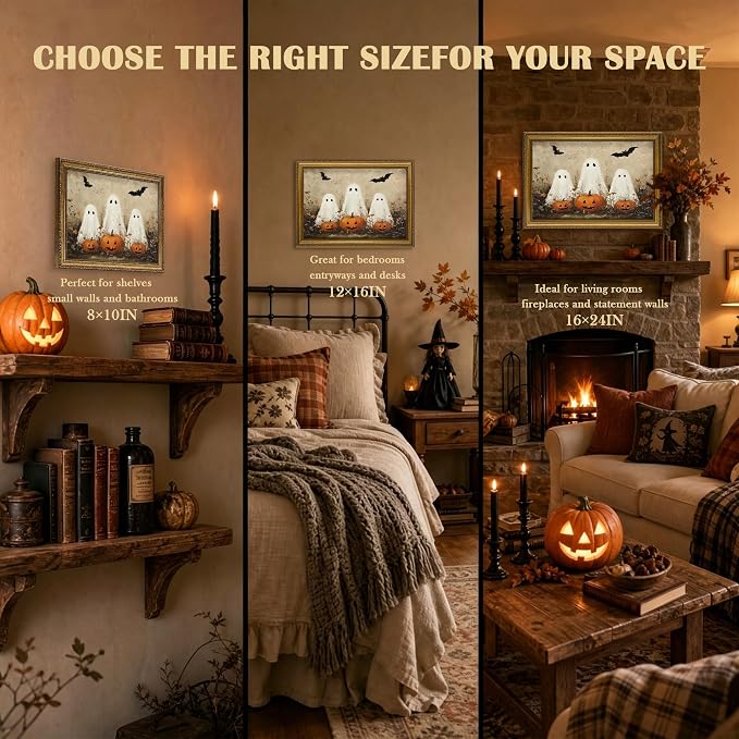 JLTULT Cute Ghost Halloween Wall Art, Vintage Framed Canvas, 8 x 10 In | Cute ghosts and pumpkins on fade-resistant canvas with a ready-to-hang ornate PS frame for entryways and Halloween displays