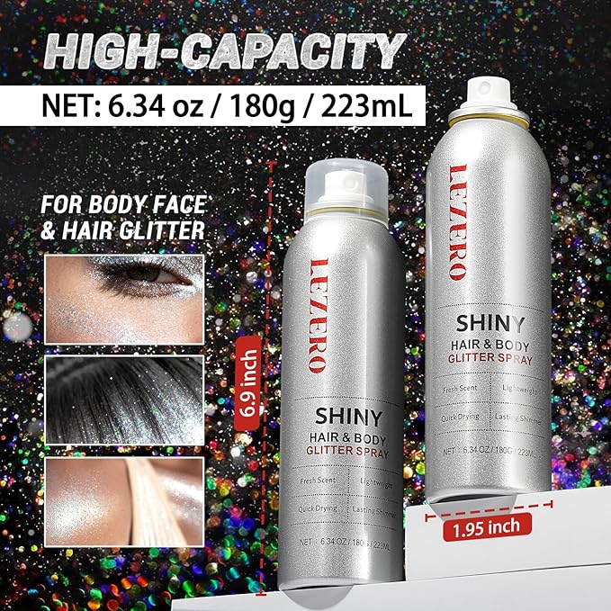 Hair and Body Glitter Spray for Women Kids, 6.34OZ Large Capacity Original Temporary Shimmery Glitter Spray for Festival Rave Outfits Accessories, Singer Concert, Wedding Season, Rainbow Silver