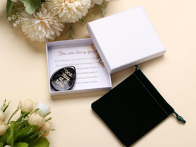 LAIDANLA Worry Stone for Anxiety Black Labradorite Healing Crystal Sensory Fidget Thumb Stones One Day at A Time Mental Health Relief Items Inspirational Thinking of You Sobriety Gifts for Women Men