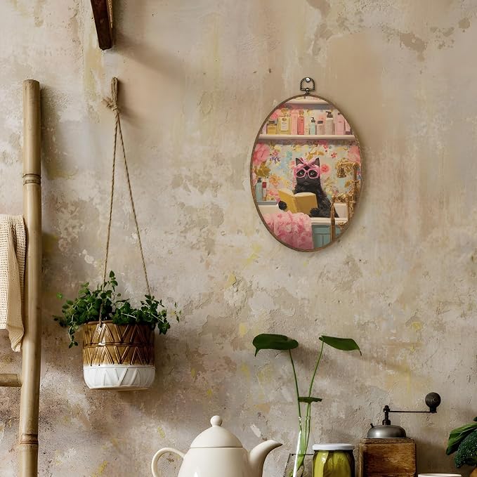 LKETW Funny Black Cat Bathroom Oval Wall Art Decor, Cat Bathroom Oval Canvas Hanging Decor, Eclectic Kitten Reading in Bathtub Wall Decorations for Washroom Restroom Toilet, 8.6x11.4 Inch