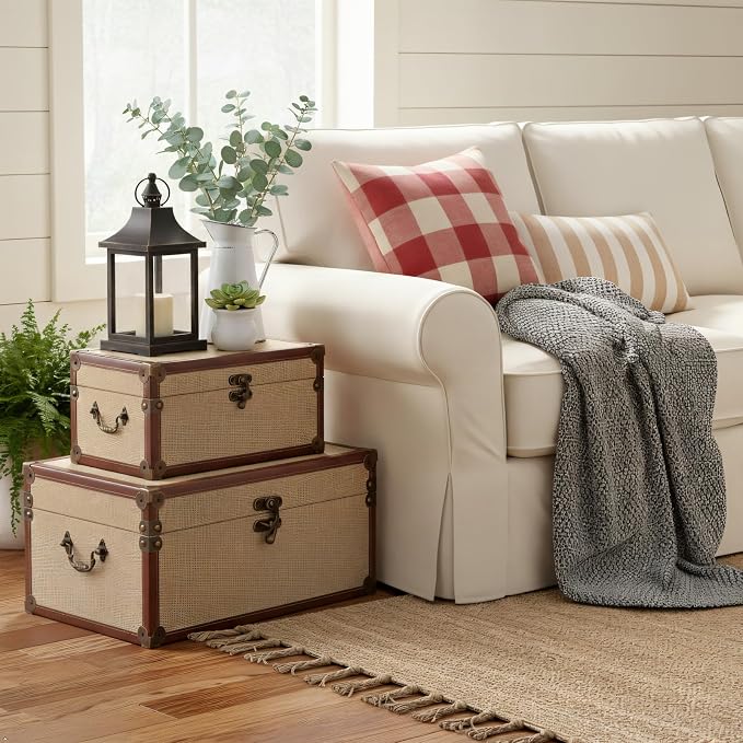 Farmhouse Decorative Storage Trunks Set of 3 Linen and Wood Boho Vintage Boxes with Metal Handles and Clasp, Rustic Wooden Keepsake Chests for Living Room, Entryway & Bedroom Organization