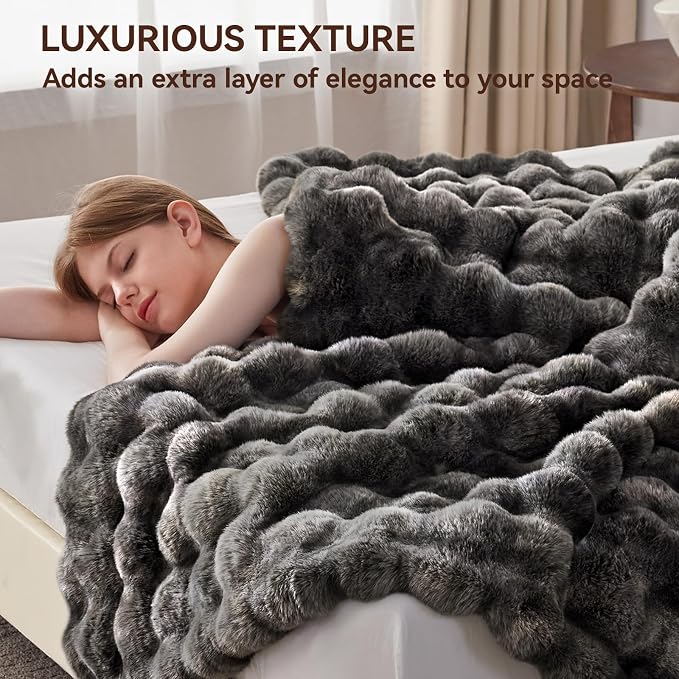 Anysay Faux Fur Throw Blanket, 1000GSM Fluffy Soft Bubble Blanket 80''*90'' | Cozy Plush Warm and Thick Blanket for Couch Bed, Fuzzy Rabbit Throw for Living Room Bedroom Tie-dye Grey